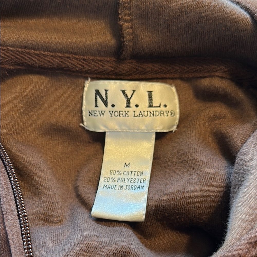 N.Y.L. Chocolate Brown Velour Hoodie with Blue Striping on Arms Size Medium GUC - Picture 16 of 17